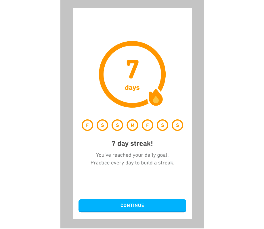 Historical Duolingo screen showing the daily goal linked to the streak.