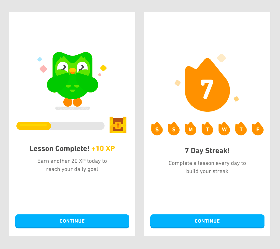 Historical Duolingo screen showing streak extension separately from daily goal progress.
