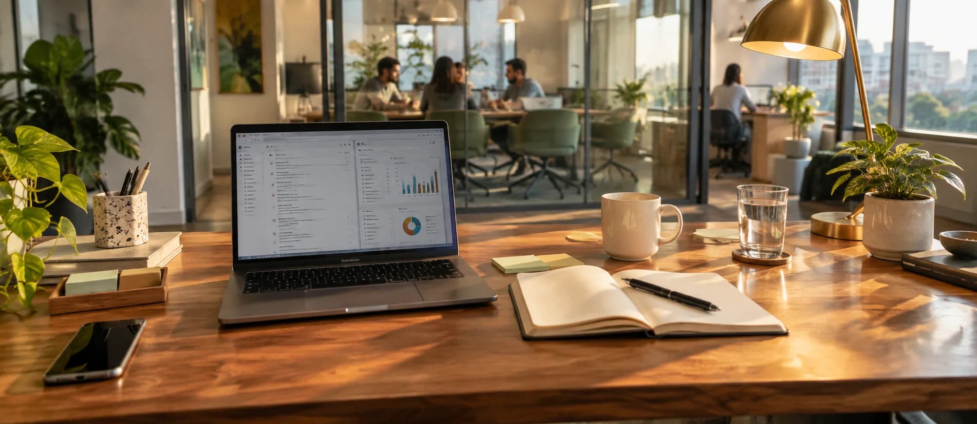 A desk on the first day: a laptop, a lanyard, an unopened notebook and a cold coffee.