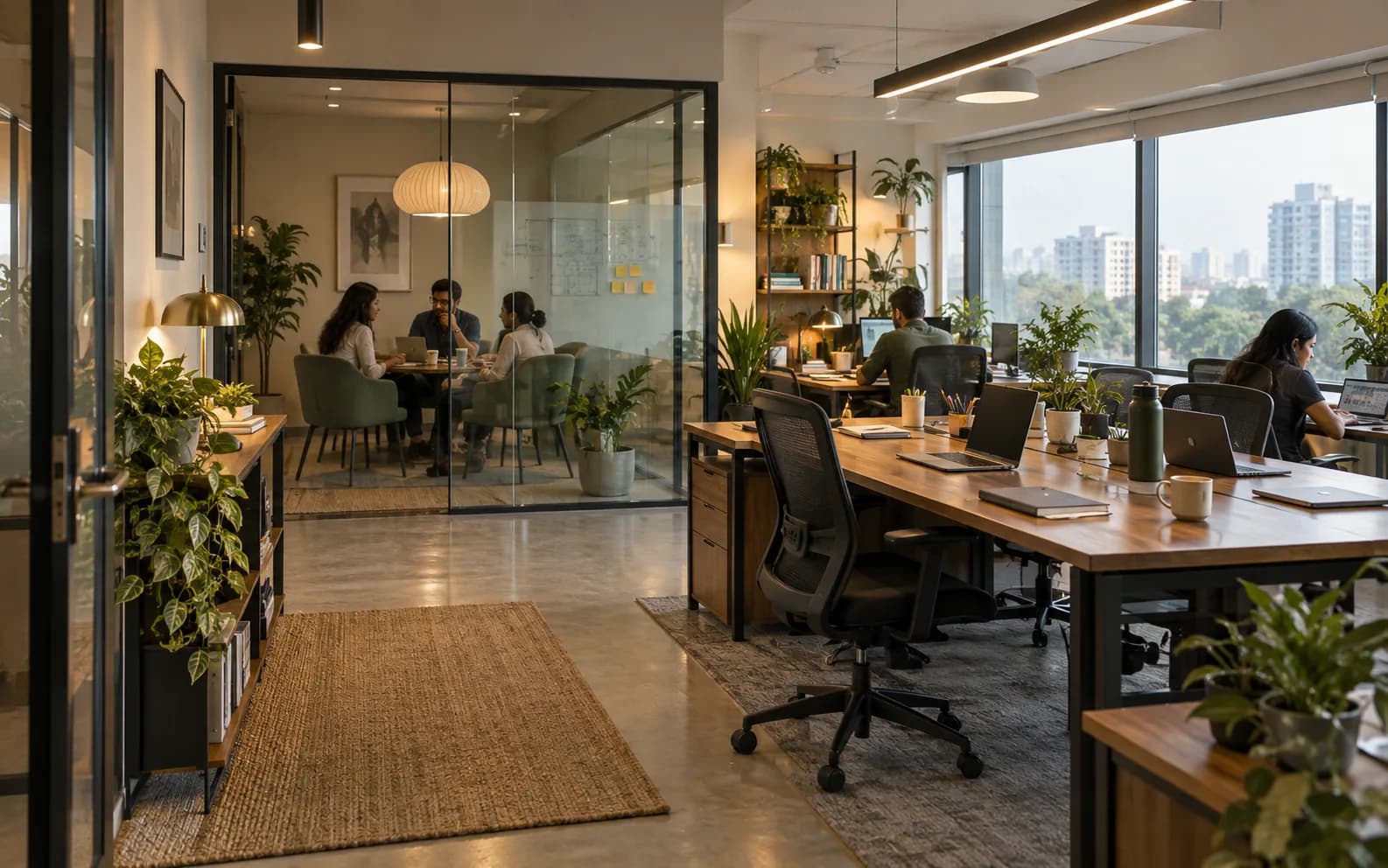 The Sona office: an open-plan room with a whiteboard covered in sticky notes and a bank of monitors.